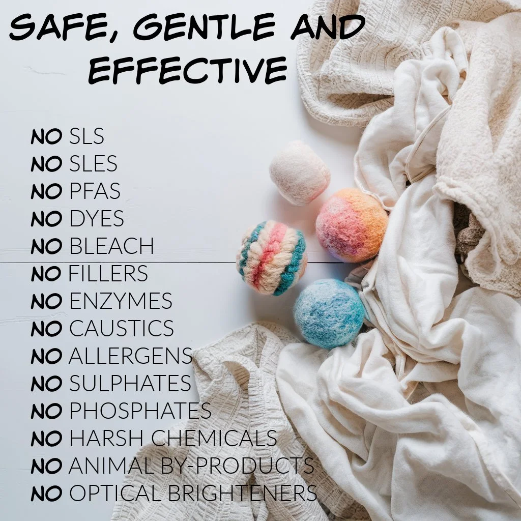 Unicorn’s Safe, Gentle and Effective graphic listing ingredients excluded from its care products, beside wool knits and felted wool balls