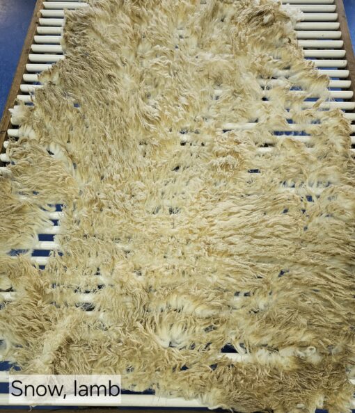 A long beige rug with some white lines on it